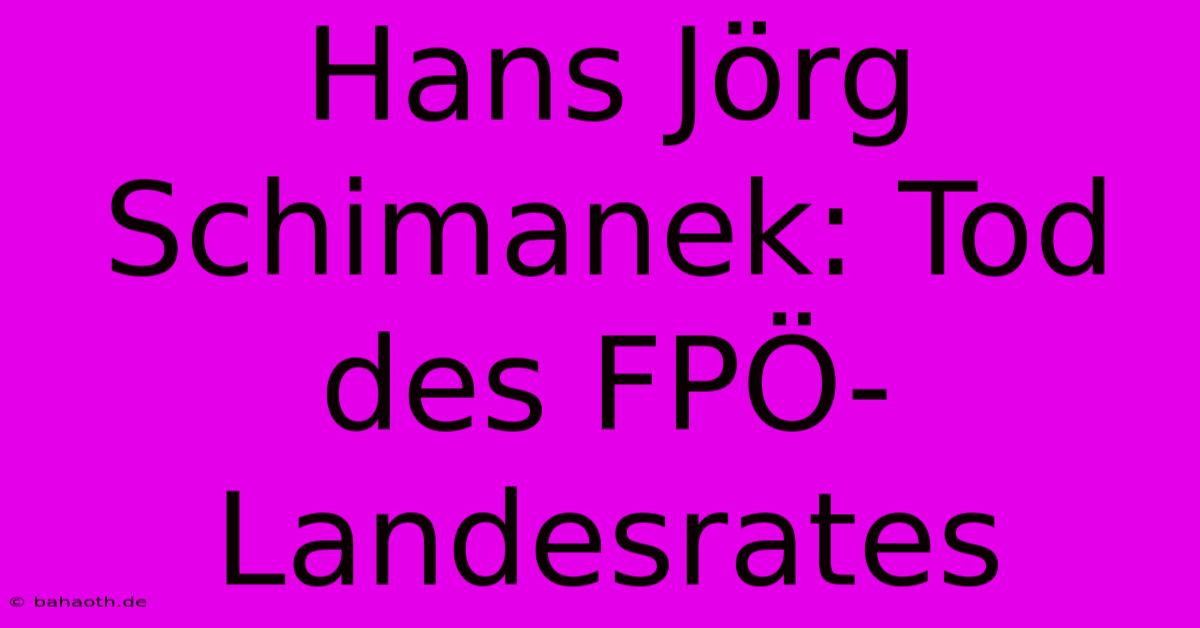 Hans Jörg Schimanek: Tod Des FPÖ-Landesrates