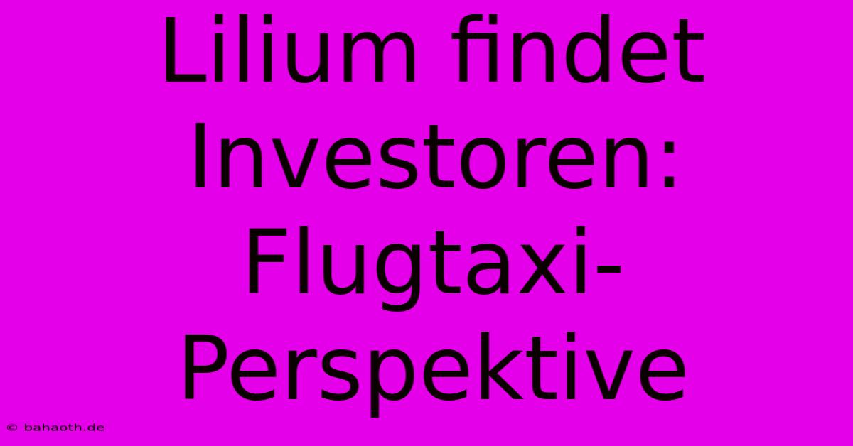 Lilium Findet Investoren: Flugtaxi-Perspektive