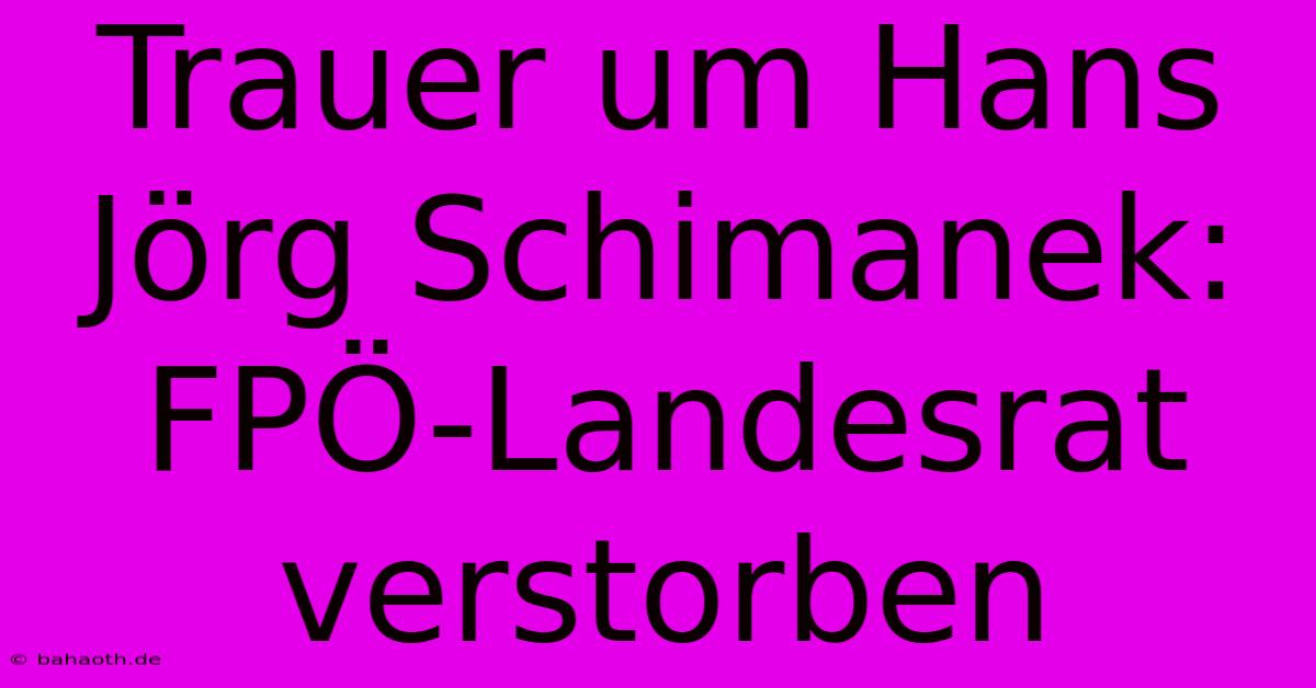 Trauer Um Hans Jörg Schimanek: FPÖ-Landesrat Verstorben